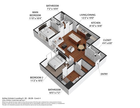 Floor plan for 2 beds, 2 baths, 806 sqft